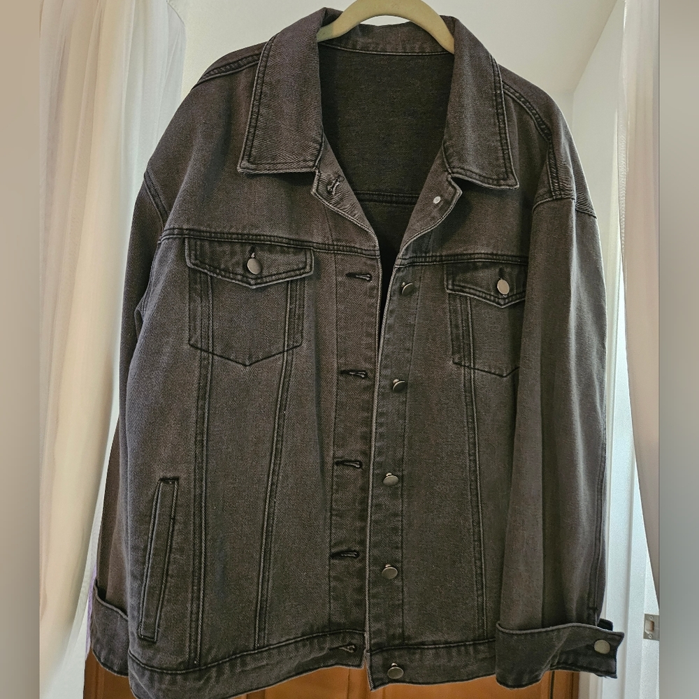 BZB Women's Boyfriend Denim Jacket Washed Grey Long Sleeve